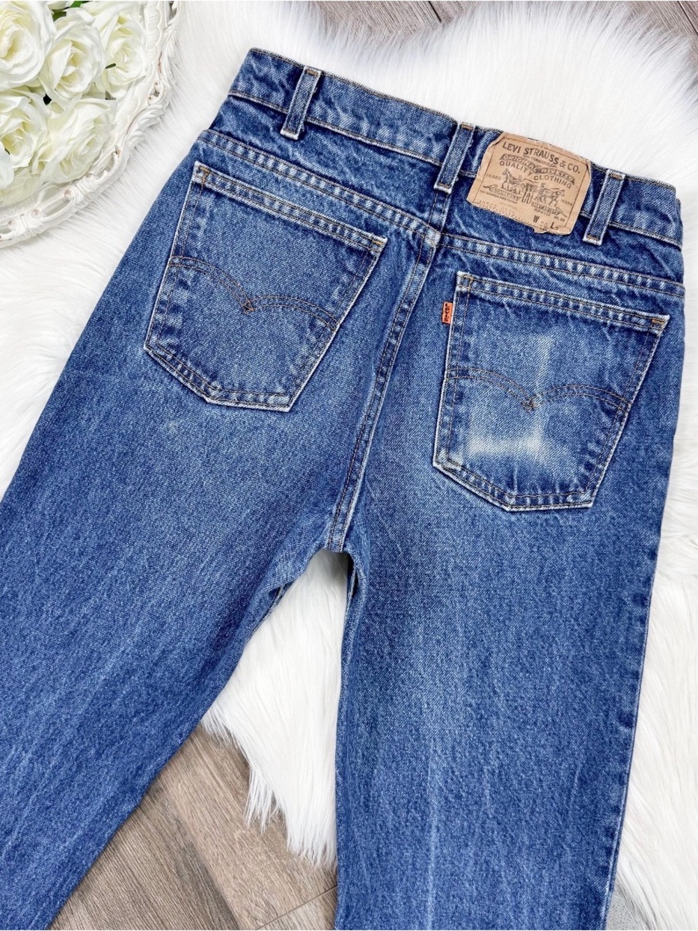 Sz 26/27 Vintage 80s 509 Medium Wash Orange Tab Slim Fit Straight Leg Levis